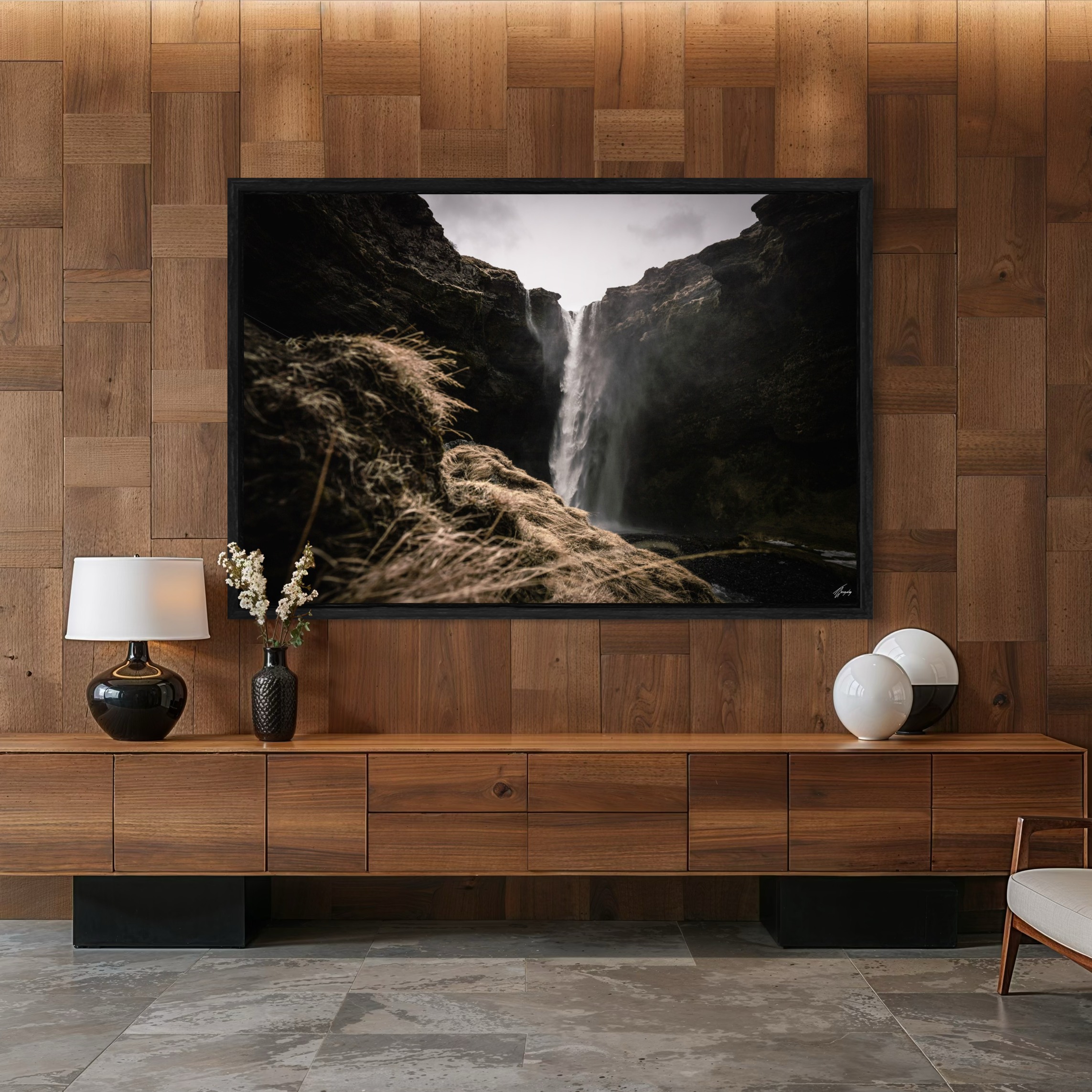 Iceland waterfall wall art in modern interior framed canvas print bold dynamic decor with flowing water energy