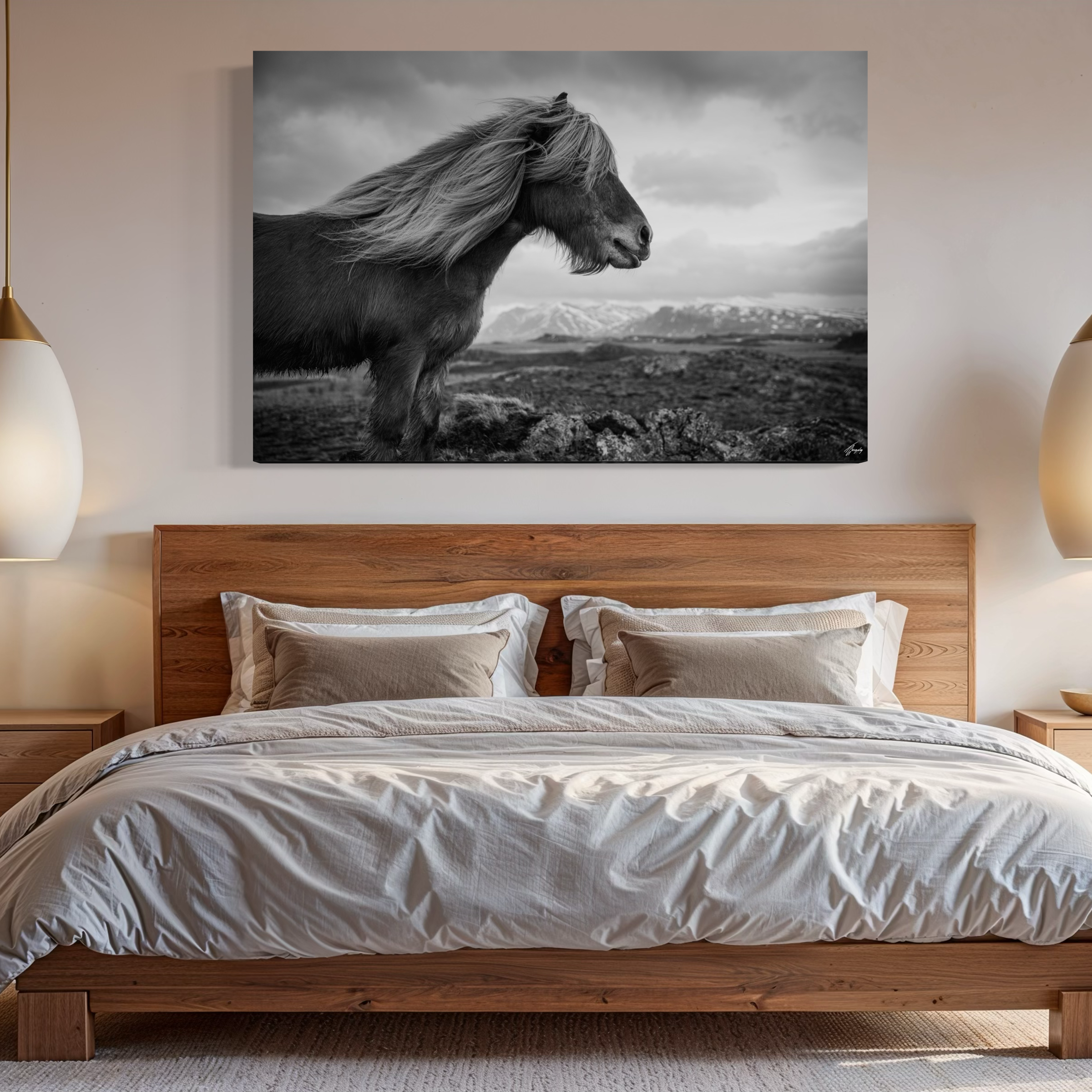 Horse wall art in luxury living room framed canvas print bold minimalist decor with strong presence and refined energy