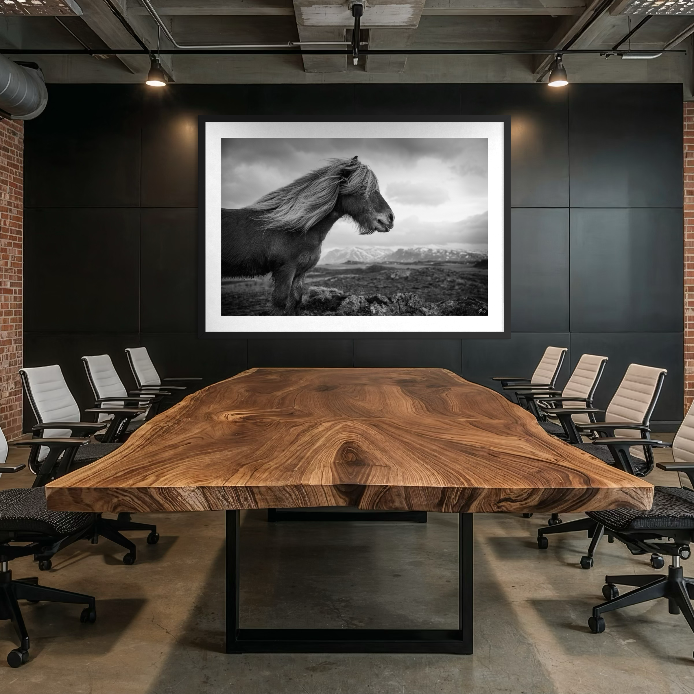 Minimalist horse wall decor fine art framed print Iceland scene with powerful stance ideal for modern office interior