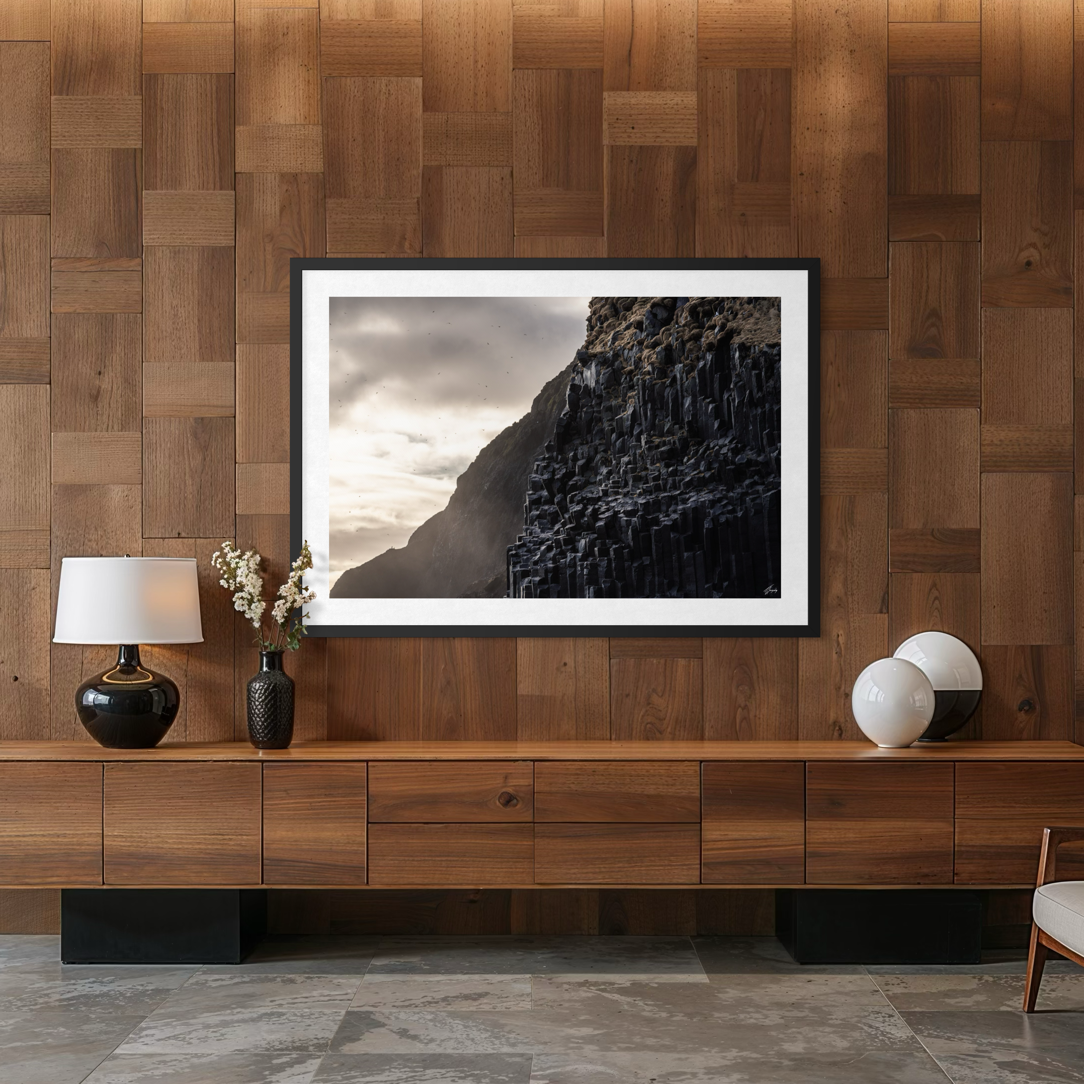 Modern wall art print Iceland coastal basalt formations artistic composition perfect for eclectic and textured interior styling