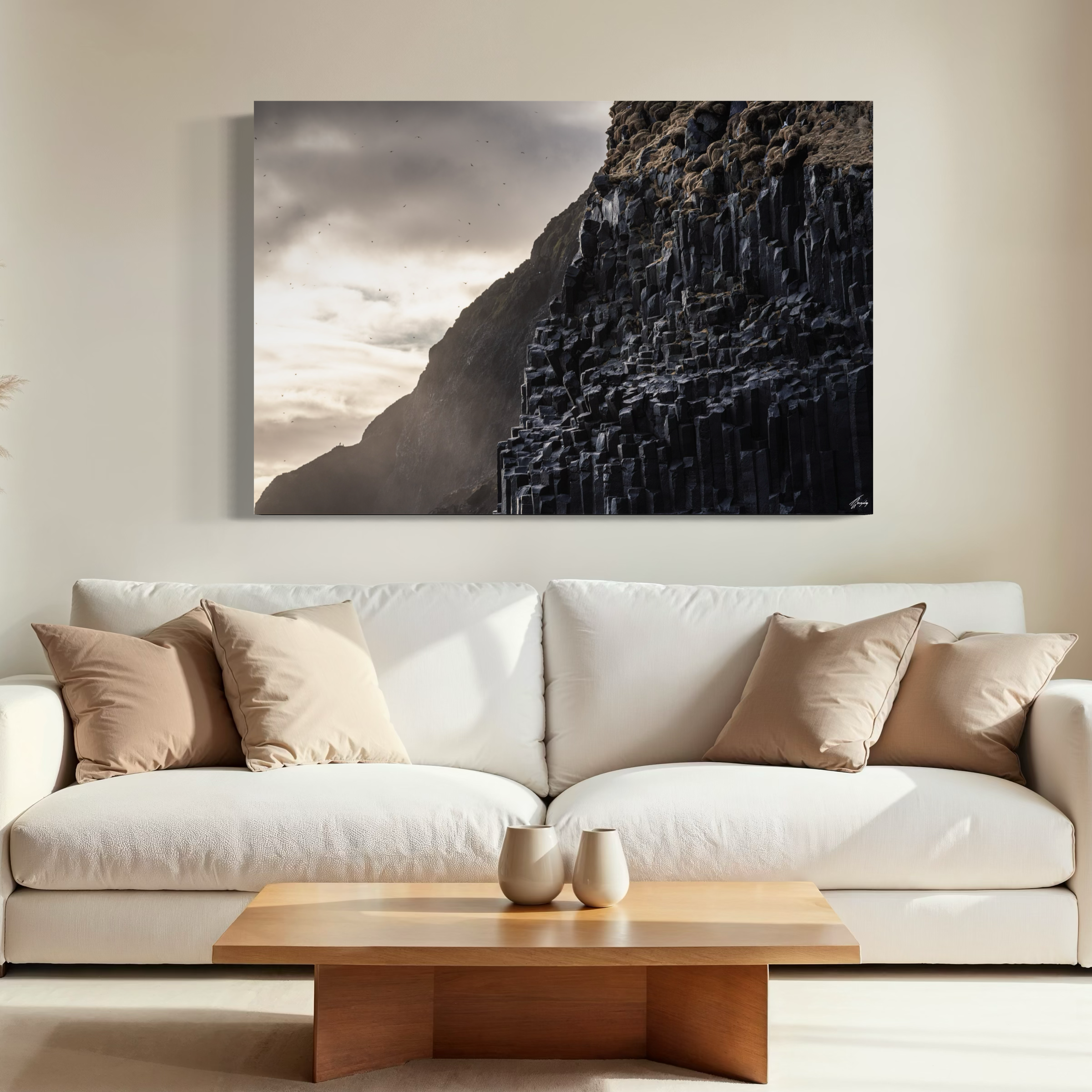 Iceland basalt columns wall decor stretched canvas print earthy textures and organic structure ideal for grounded interiors