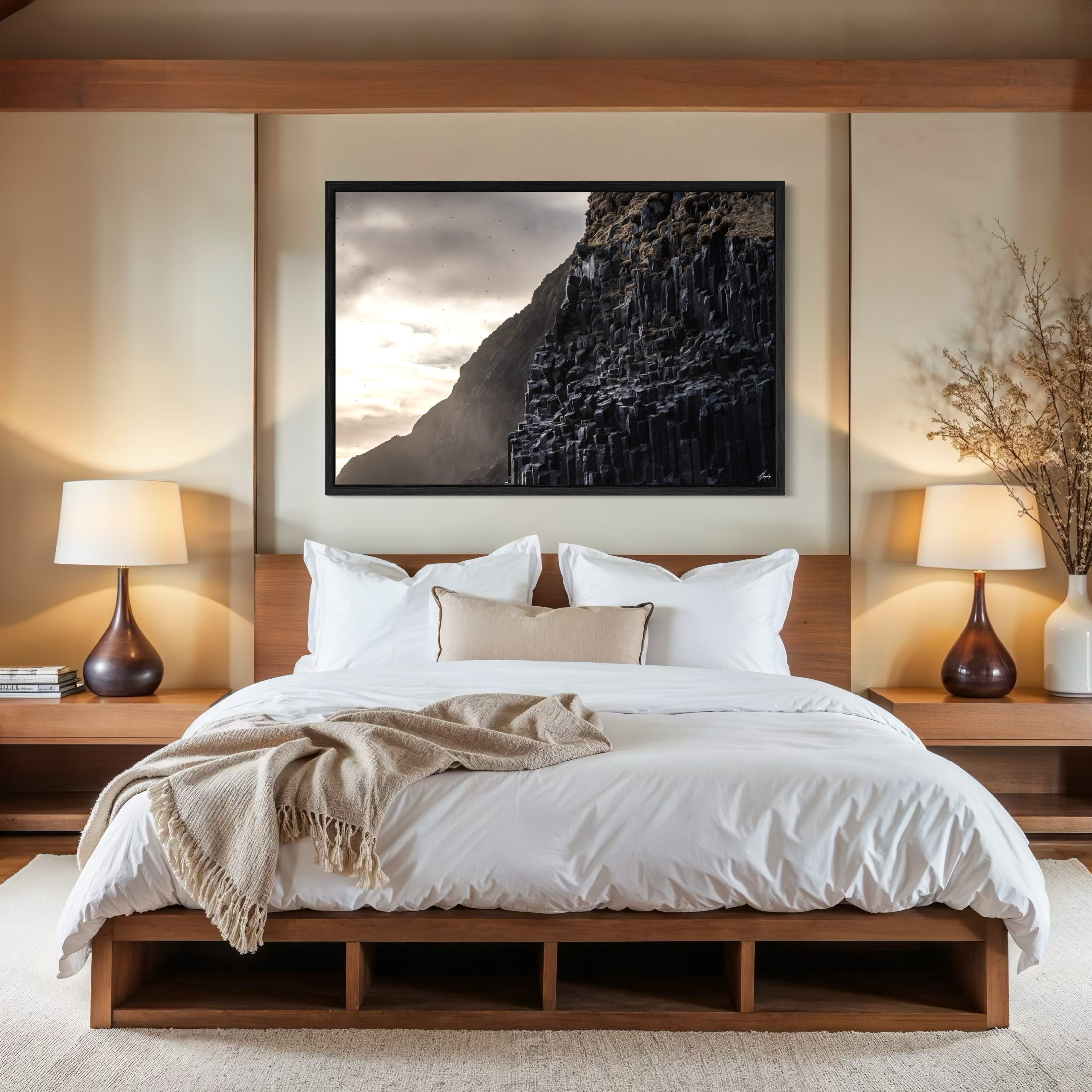 Basalt wall art in rustic interior framed canvas print Iceland coastal rock formations with raw textures and natural tones