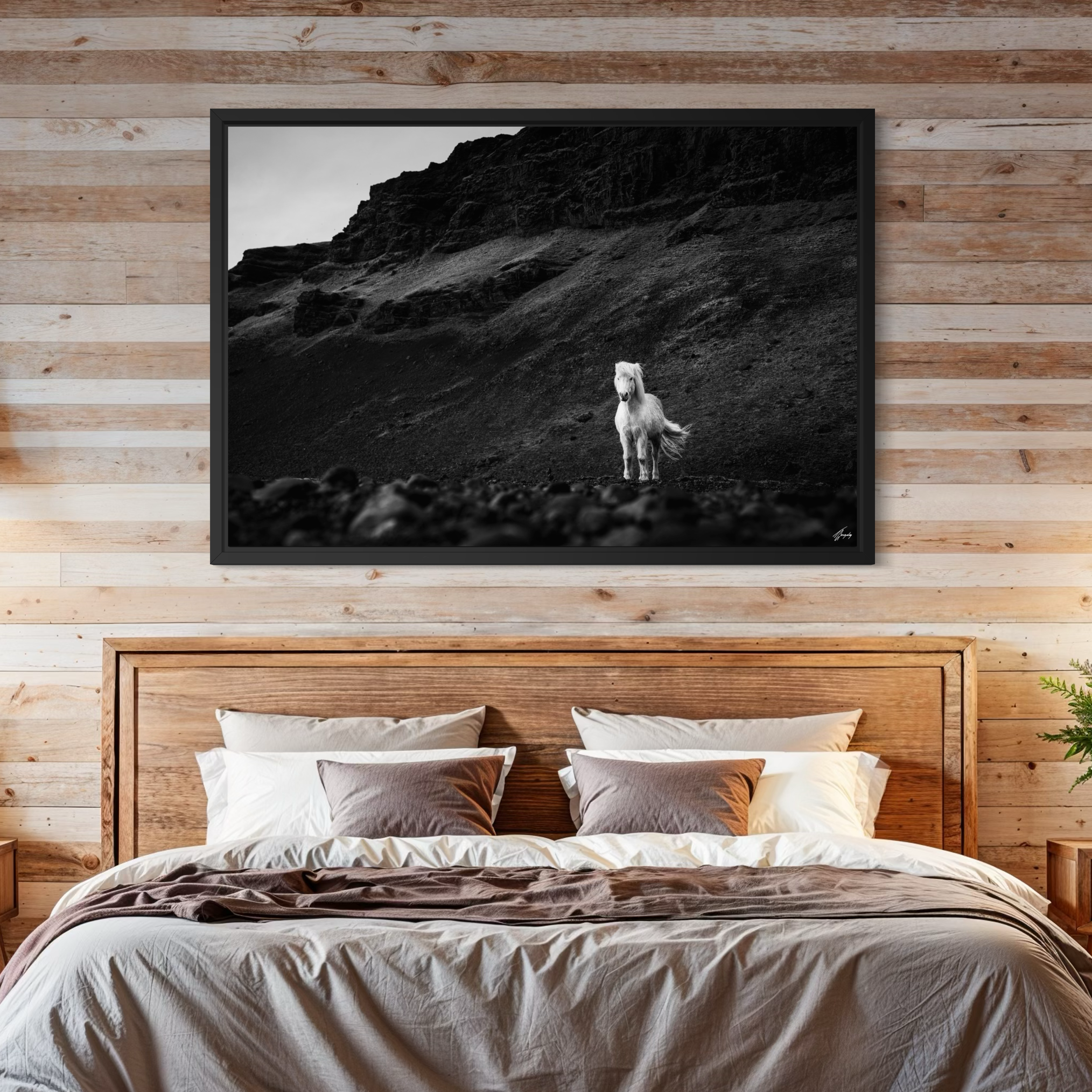 White horse equestrian wall decor in rustic bedroom framed canvas print Iceland scene with soft tones natural textures and elegant simplicity