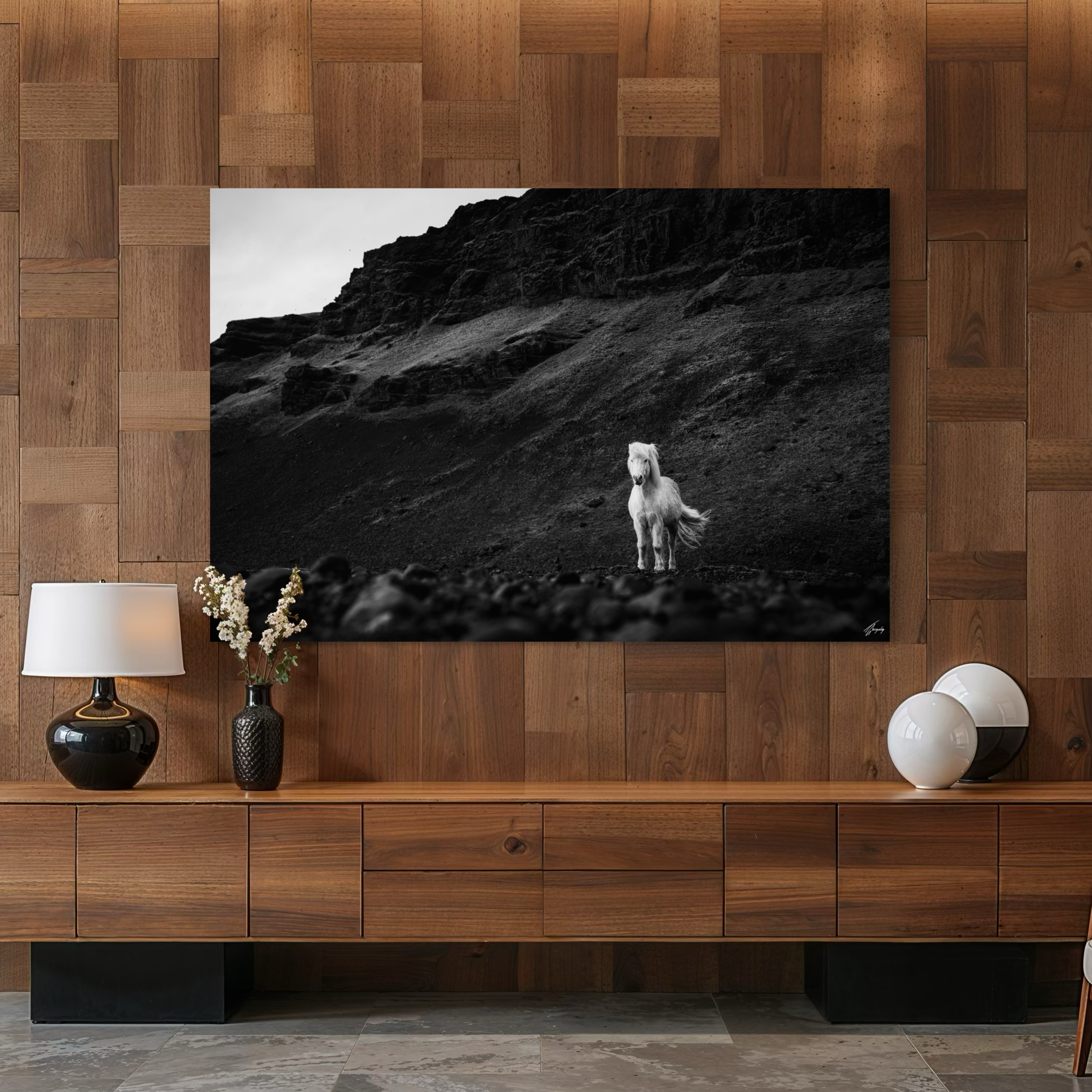 White horse equine wall decor stretched canvas print Iceland minimalist scene with soft light and organic tones for earthy interiors