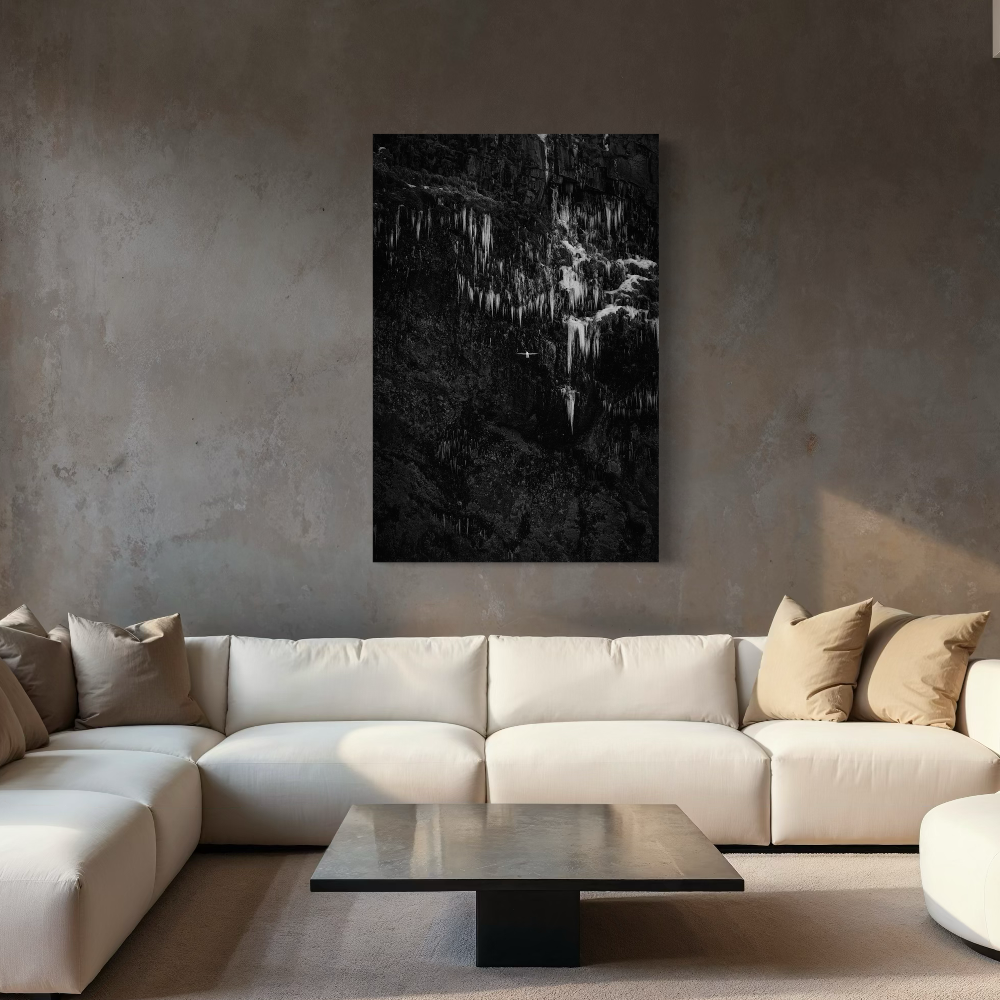 Minimalist Iceland bird wall decor stretched canvas print soft frozen landscape modern clean home styling