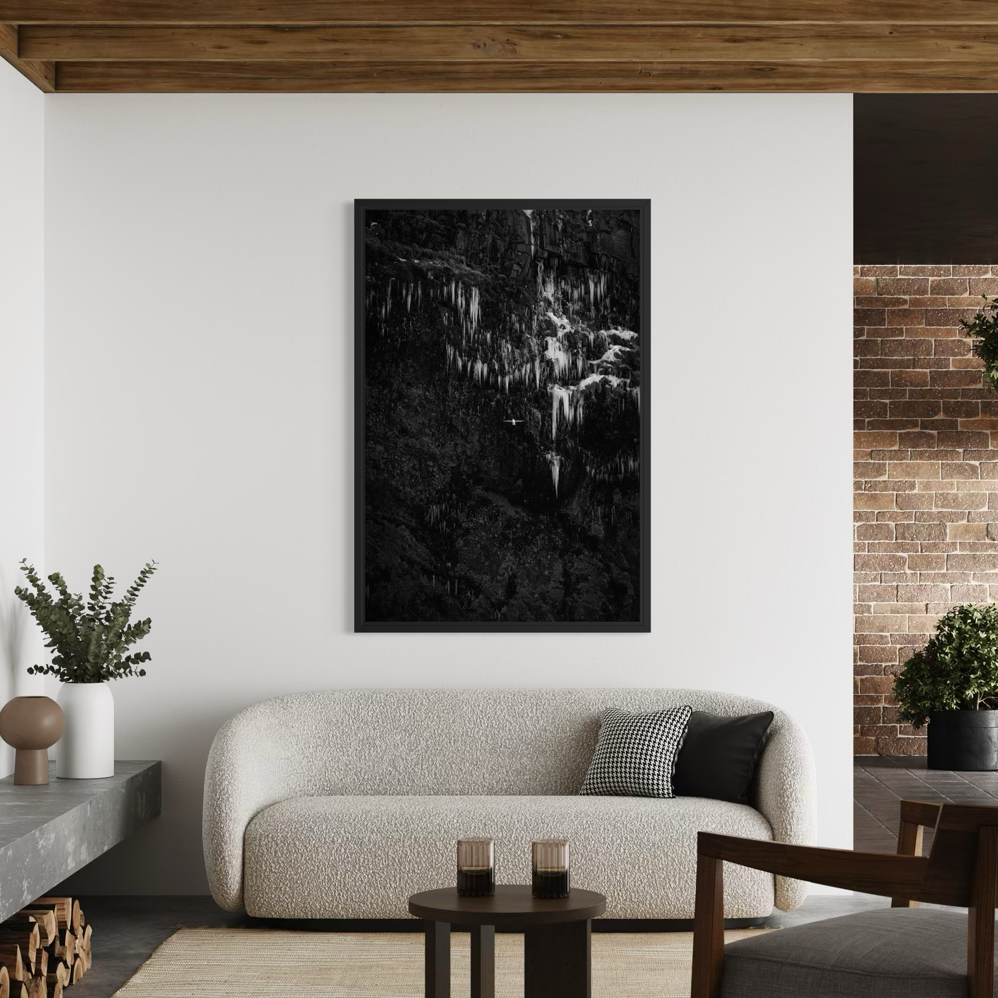 Minimalist bird wall art in modern interior framed canvas print icy tones clean design luxury nature decor